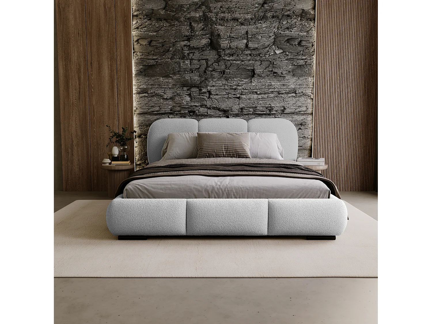 BESILIO Łóżko z pojemnikiem i stelażem 180x200 Holi- łóżko podwójne tapicerowane, tkanina boucle, baranek - Jasnoszary