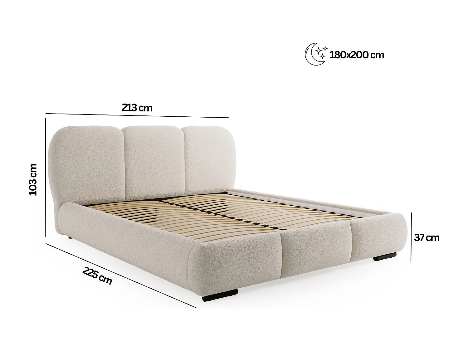 BESILIO Lit avec coffre de rangement et sommier 180x200 Holi – lit double tapissé en tissu bouclé/agneau – Gris clair