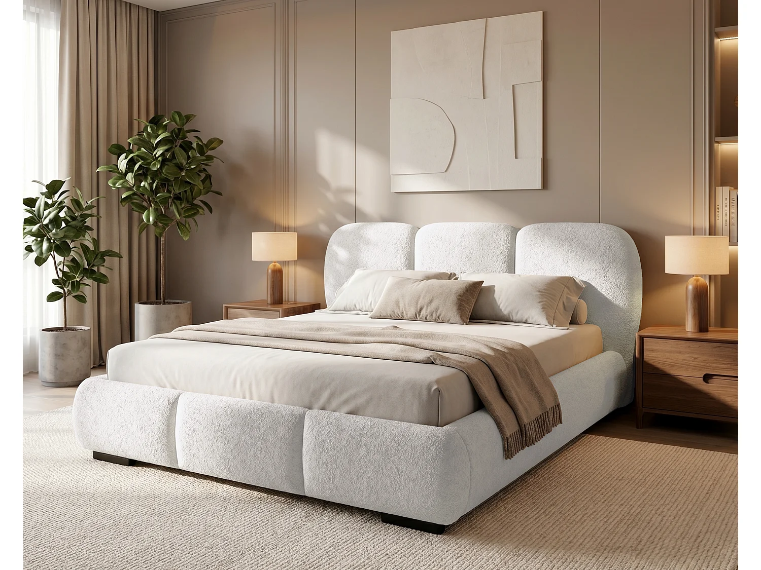 BESILIO Lit avec coffre de rangement et sommier 180x200 Holi – lit double tapissé en tissu bouclé/agneau – Gris clair
