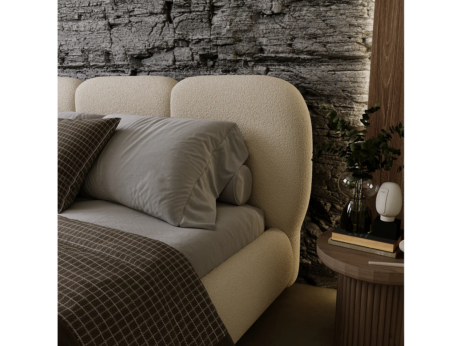 BESILIO Łóżko z pojemnikiem i stelażem 140x200 Holi- łóżko podwójne tapicerowane, tkanina boucle, baranek - Biały