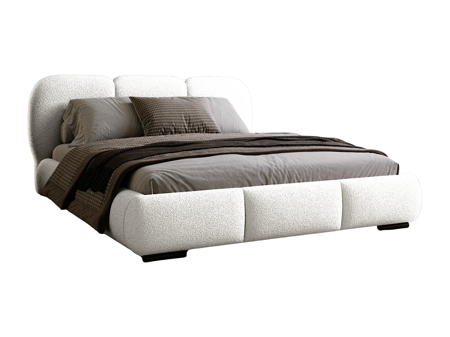 BESILIO Lit avec coffre de rangement et sommier 140x200 Holi – lit double tapissé en tissu bouclé/agneau – Blanc