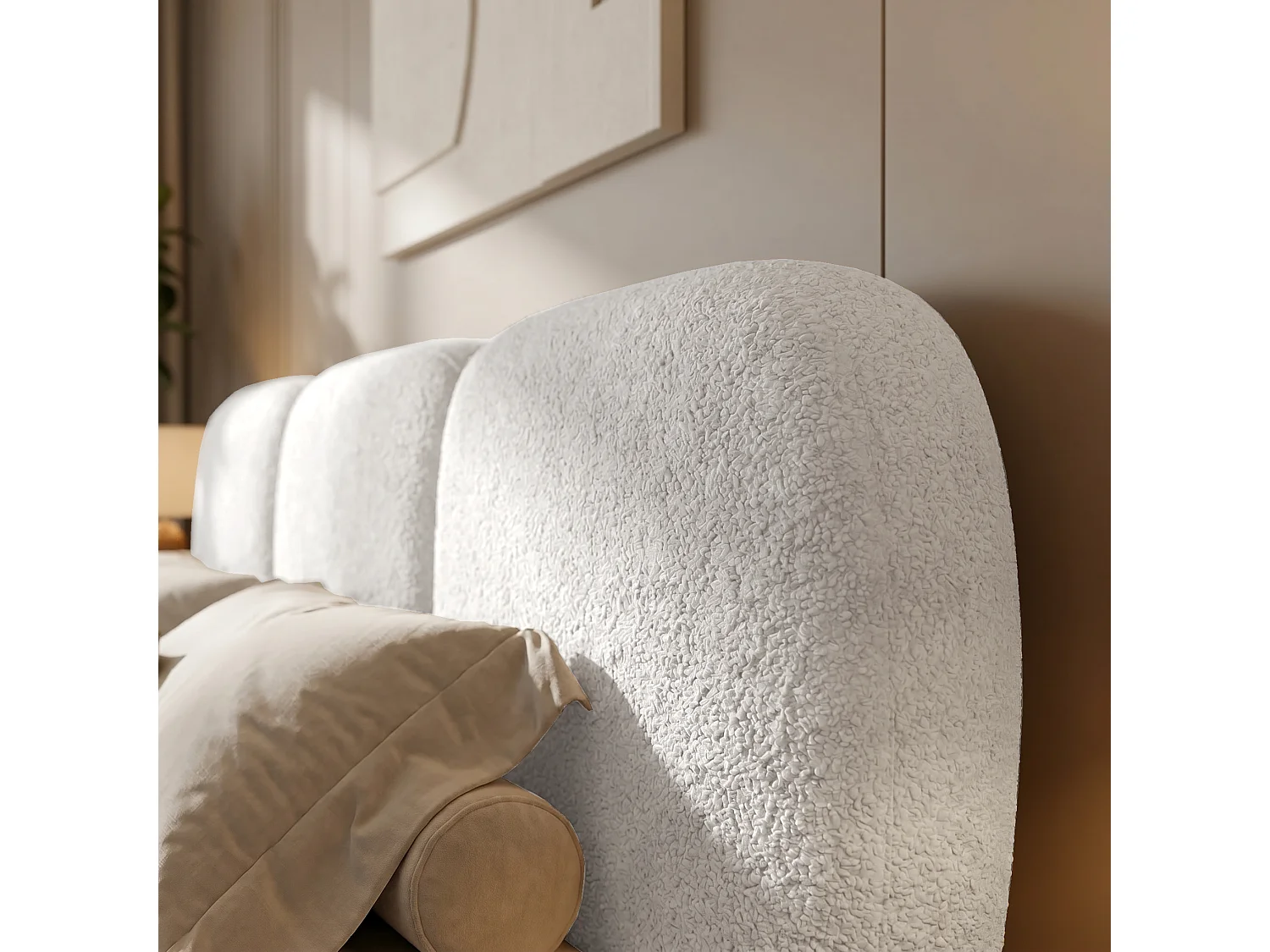 BESILIO Lit avec coffre de rangement et sommier 140x200 Holi – lit double tapissé en tissu bouclé/agneau – Blanc