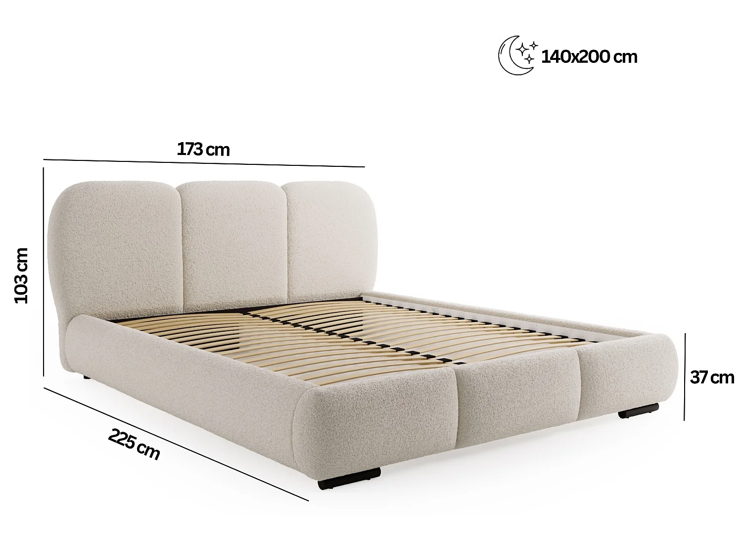 BESILIO Lit avec coffre de rangement et sommier 140x200 Holi – lit double tapissé en tissu bouclé/agneau – Blanc
