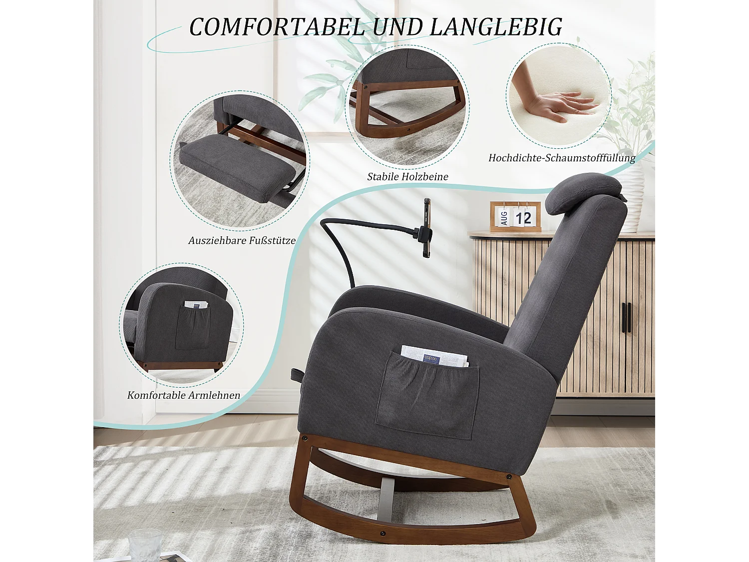 Fauteuil Relax à Bascule avec Repose-Pieds et Rangement Latéral - Confort Ergonomique en Velours Côtelé - Idéal pour Salon, Bureau et Coin Lecture