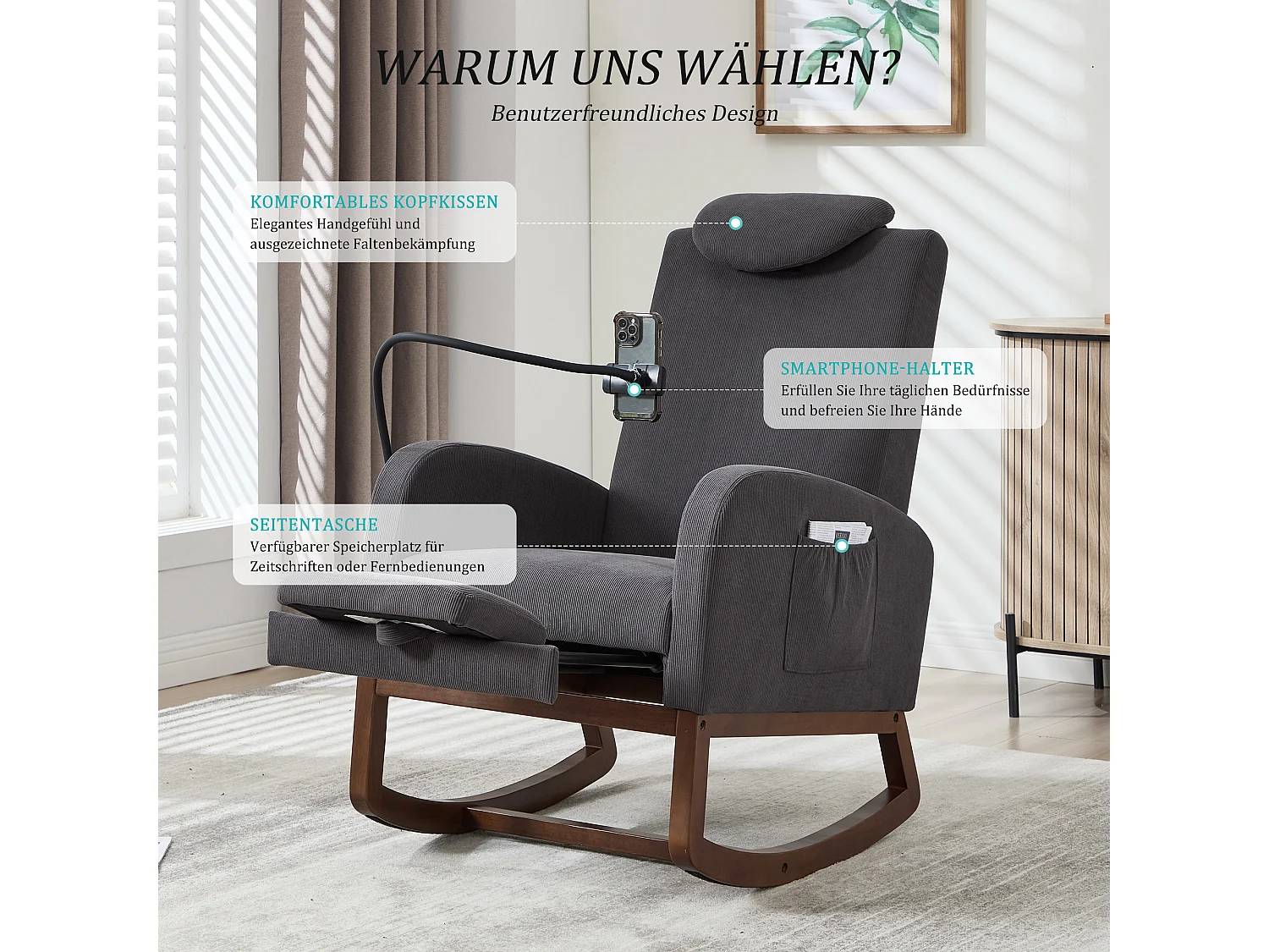 Fauteuil Relax à Bascule avec Repose-Pieds et Rangement Latéral - Confort Ergonomique en Velours Côtelé - Idéal pour Salon, Bureau et Coin Lecture