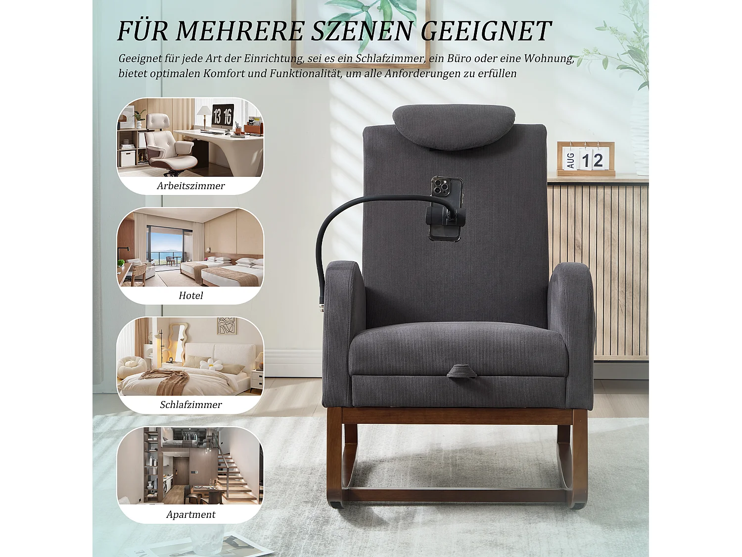Fauteuil Relax à Bascule avec Repose-Pieds et Rangement Latéral - Confort Ergonomique en Velours Côtelé - Idéal pour Salon, Bureau et Coin Lecture