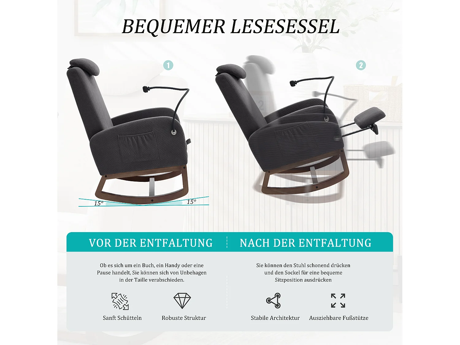 Fauteuil Relax à Bascule avec Repose-Pieds et Rangement Latéral - Confort Ergonomique en Velours Côtelé - Idéal pour Salon, Bureau et Coin Lecture
