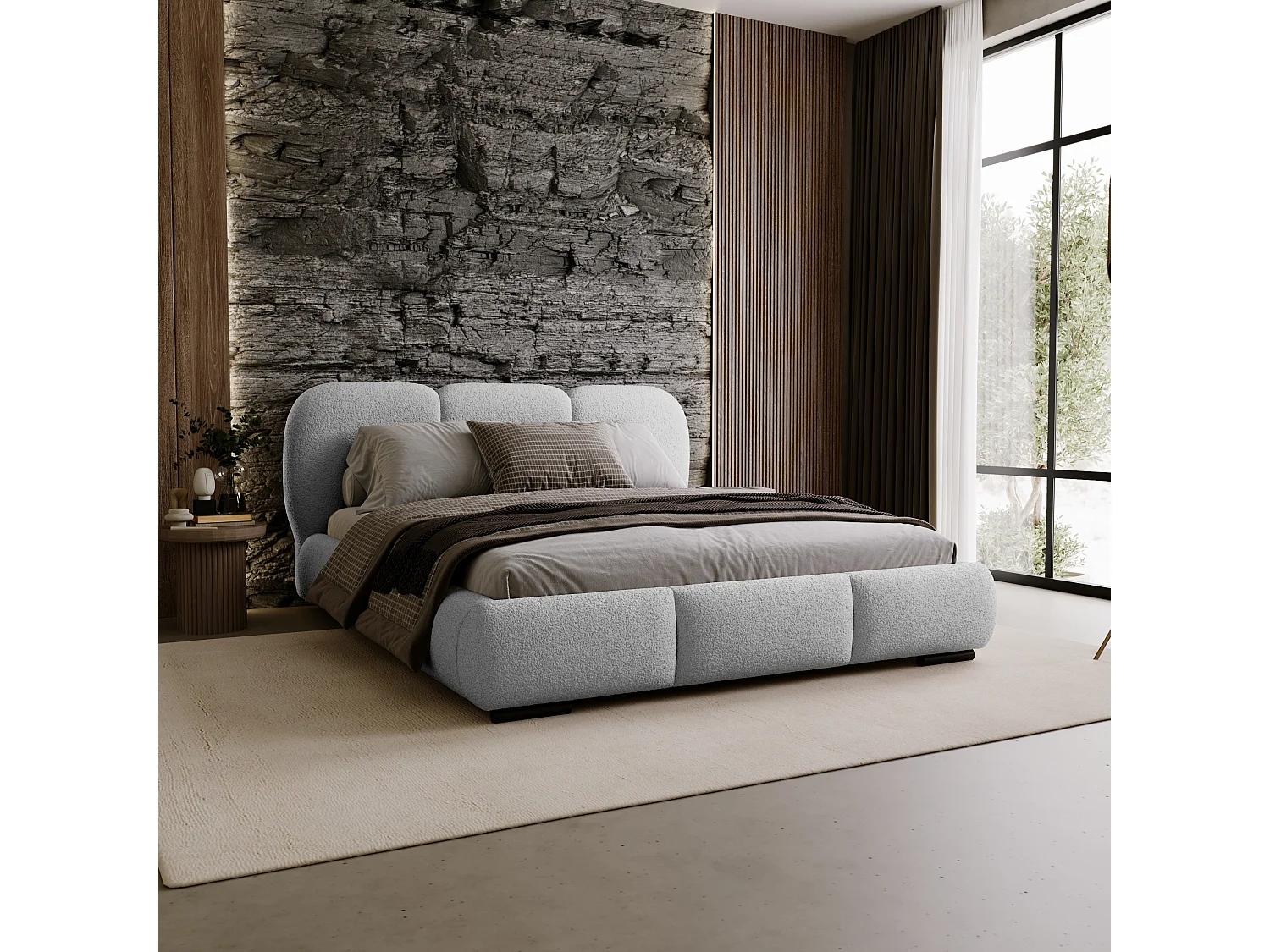 BESILIO Lit avec coffre de rangement et sommier 140x200 Holi – lit double tapissé en tissu bouclé/agneau – Gris clair