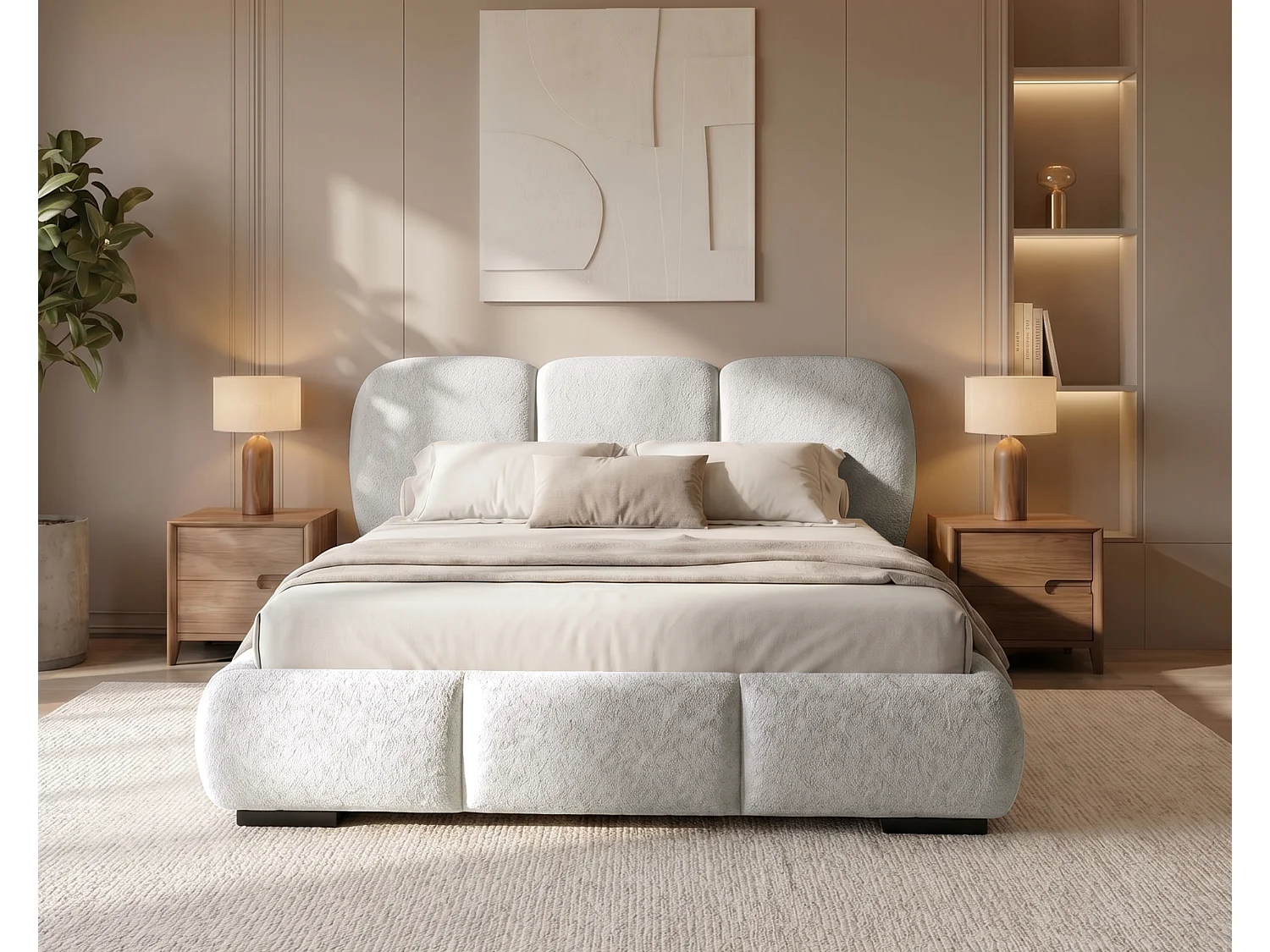 BESILIO Lit avec coffre de rangement et sommier 140x200 Holi – lit double tapissé en tissu bouclé/agneau – Gris clair