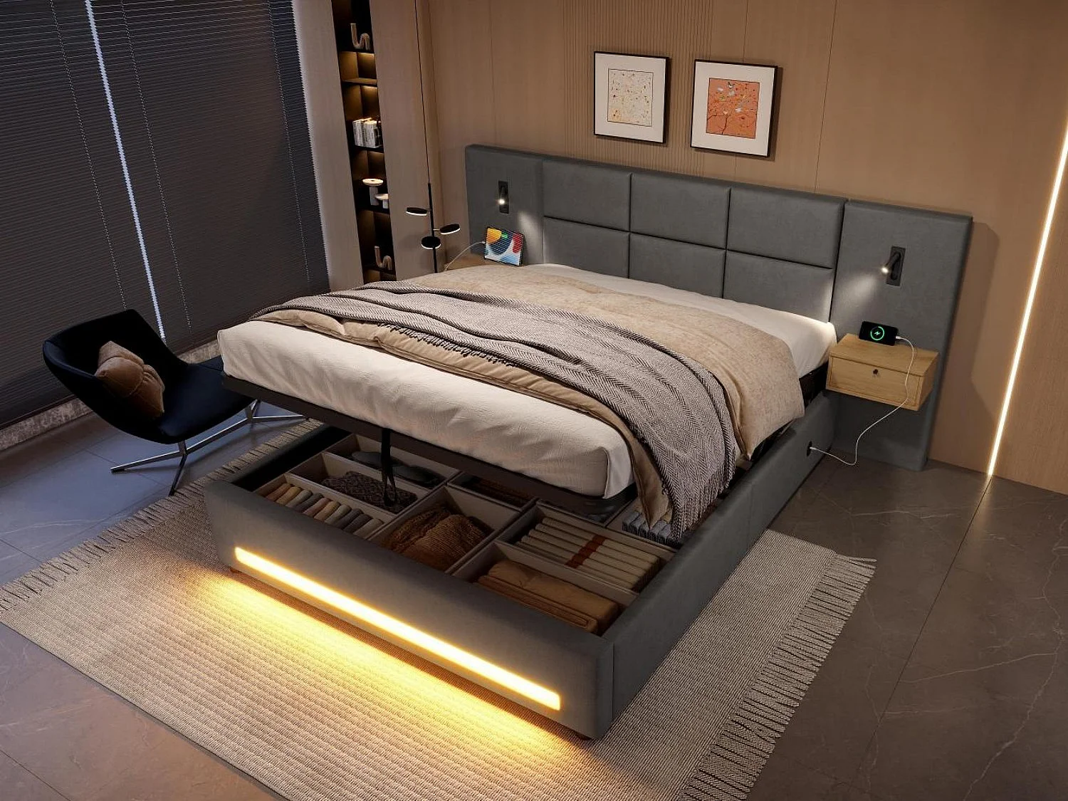 Lit Coffre Captionné Velours 180x200cm - Tête de Lit XL - Tables de Nuit Suspendues - LED Pied de Lit - Veilleuses - USB/Type-C - Idéal Chambre Parentale