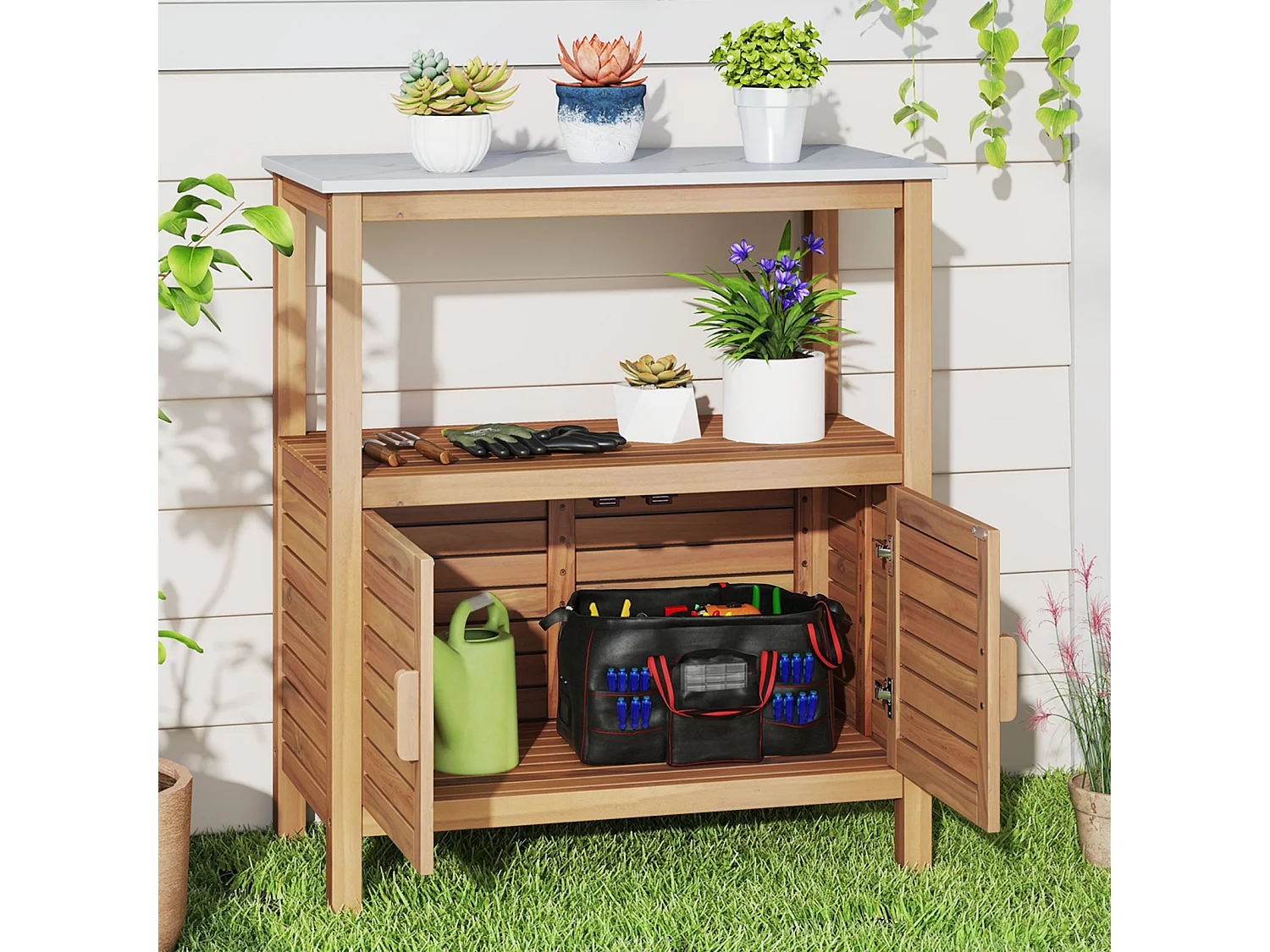 Outdoor-Arbeitstisch Garten-Pflanztisch aus Akazienholz mit Harztischplatte Ablagefach & Schrank Natur