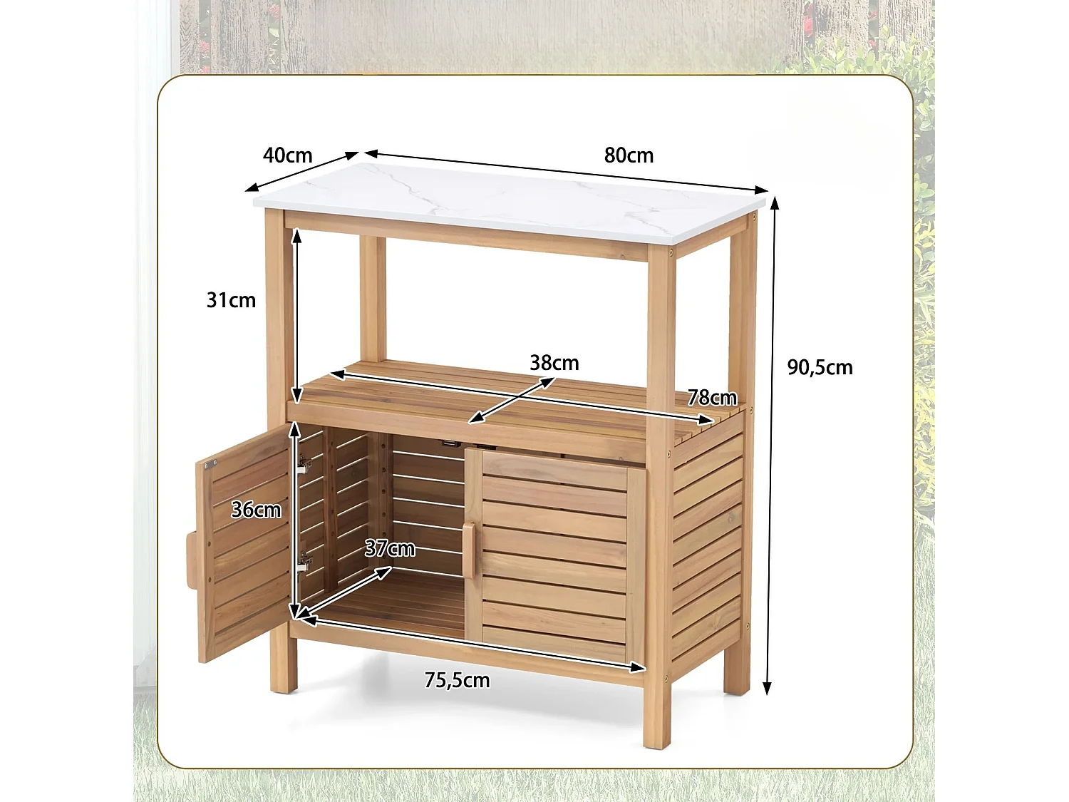 Table de travail d'extérieur Table de jardin en acacia avec plateau en résine Compartiment de rangement & armoire Naturel