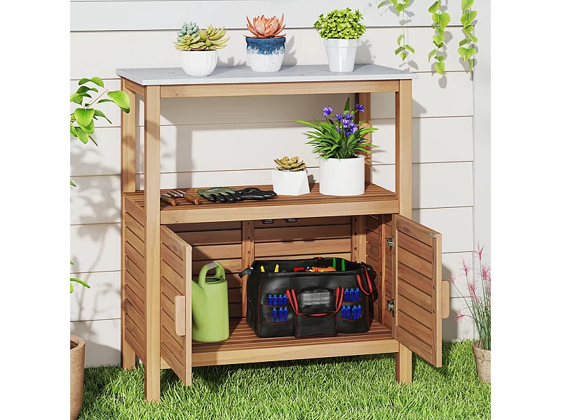 Outdoor-Arbeitstisch Garten-Pflanztisch aus Akazienholz mit Harztischplatte Ablagefach & Schrank Natur