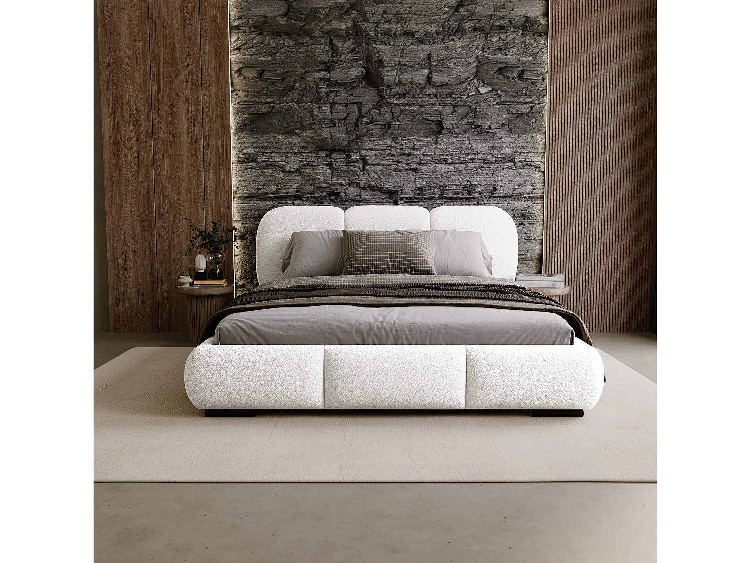 BESILIO Bed met opbergruimte en lattenbodem 160x200 Holi – tweepersoons gestoffeerd bed van bouclé-/teddystof – Wit