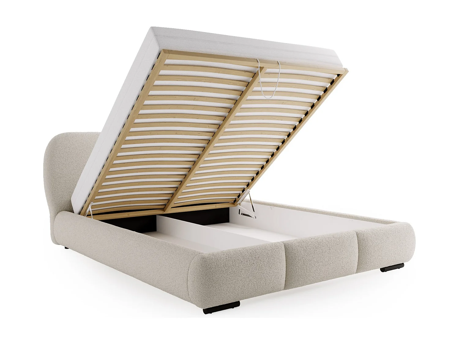 BESILIO Bed met opbergruimte en lattenbodem 160x200 Holi – tweepersoons gestoffeerd bed van bouclé-/teddystof – Wit