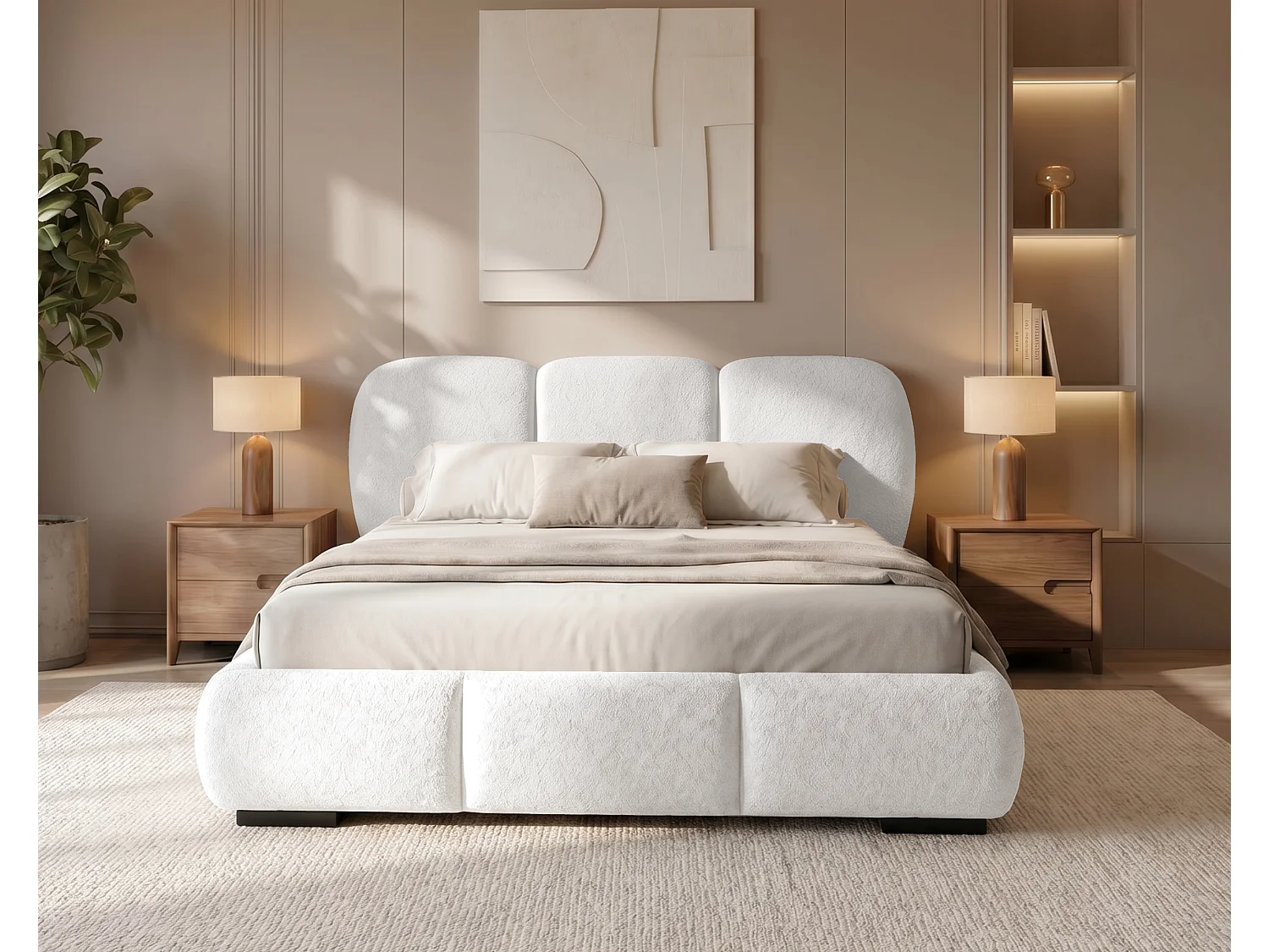 BESILIO Lit avec coffre de rangement et sommier 160x200 Holi – lit double tapissé en tissu bouclé/agneau – Blanc