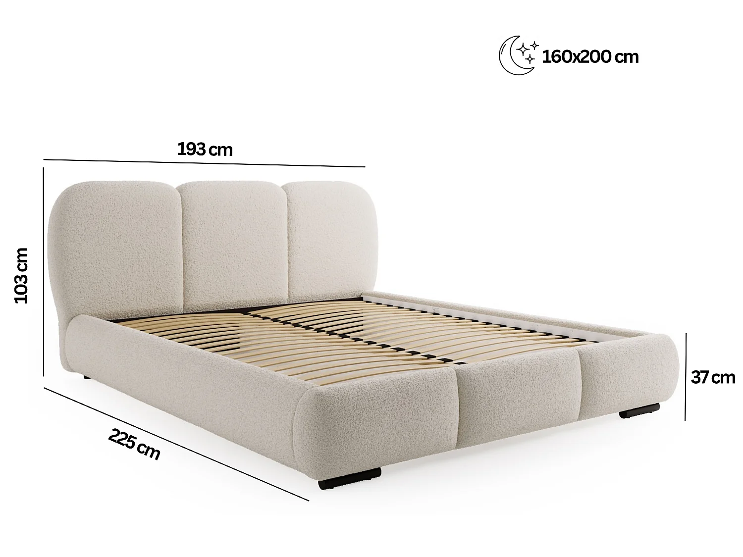 BESILIO Lit avec coffre de rangement et sommier 160x200 Holi – lit double tapissé en tissu bouclé/agneau – Blanc