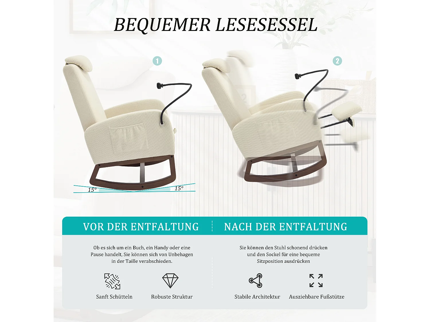 Fauteuil Relax à Bascule avec Repose-Pieds et Rangement Latéral - Confort Ergonomique en Velours Côtelé - Idéal pour Salon, Bureau et Coin Lecture