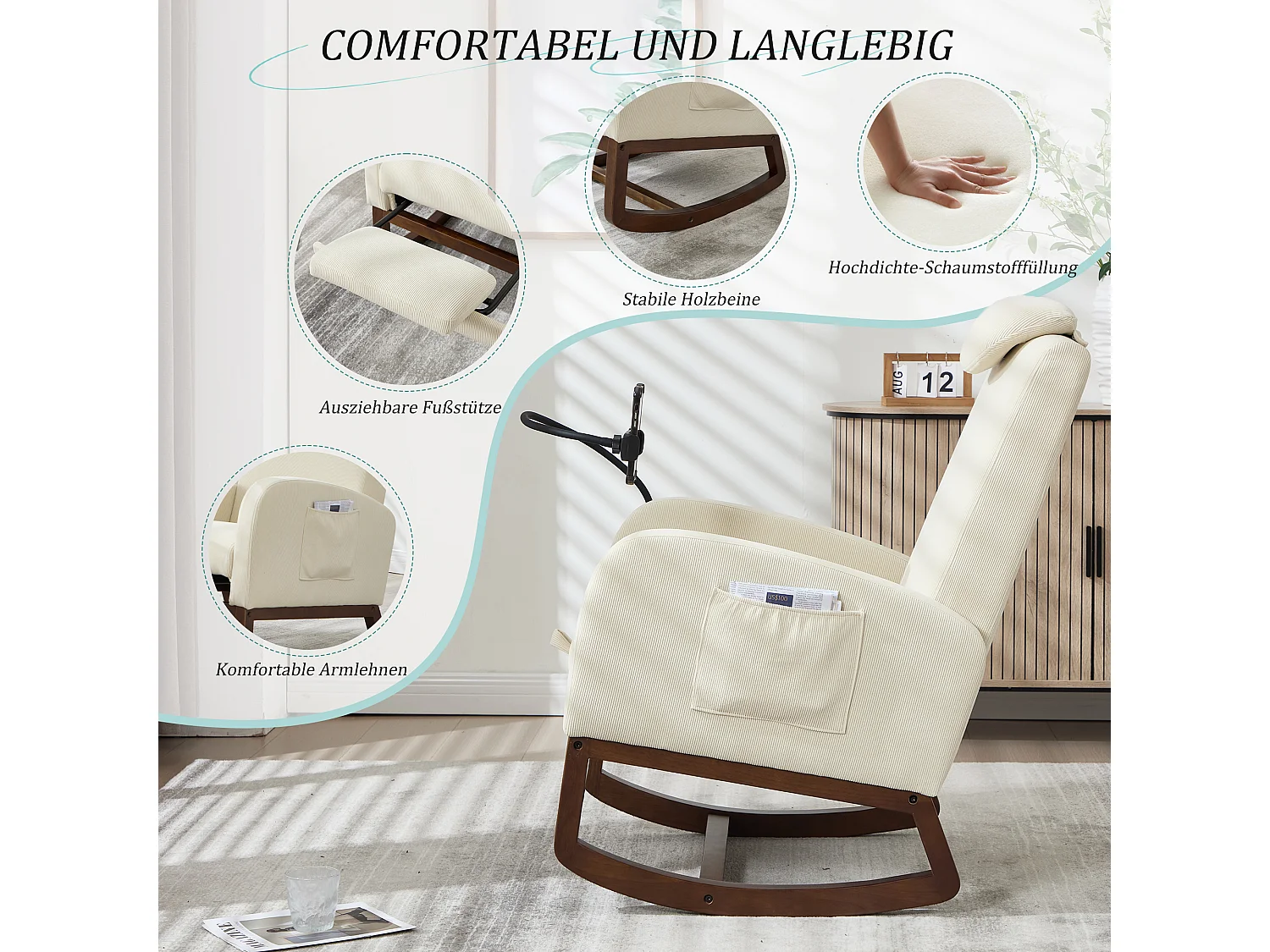Fauteuil Relax à Bascule avec Repose-Pieds et Rangement Latéral - Confort Ergonomique en Velours Côtelé - Idéal pour Salon, Bureau et Coin Lecture