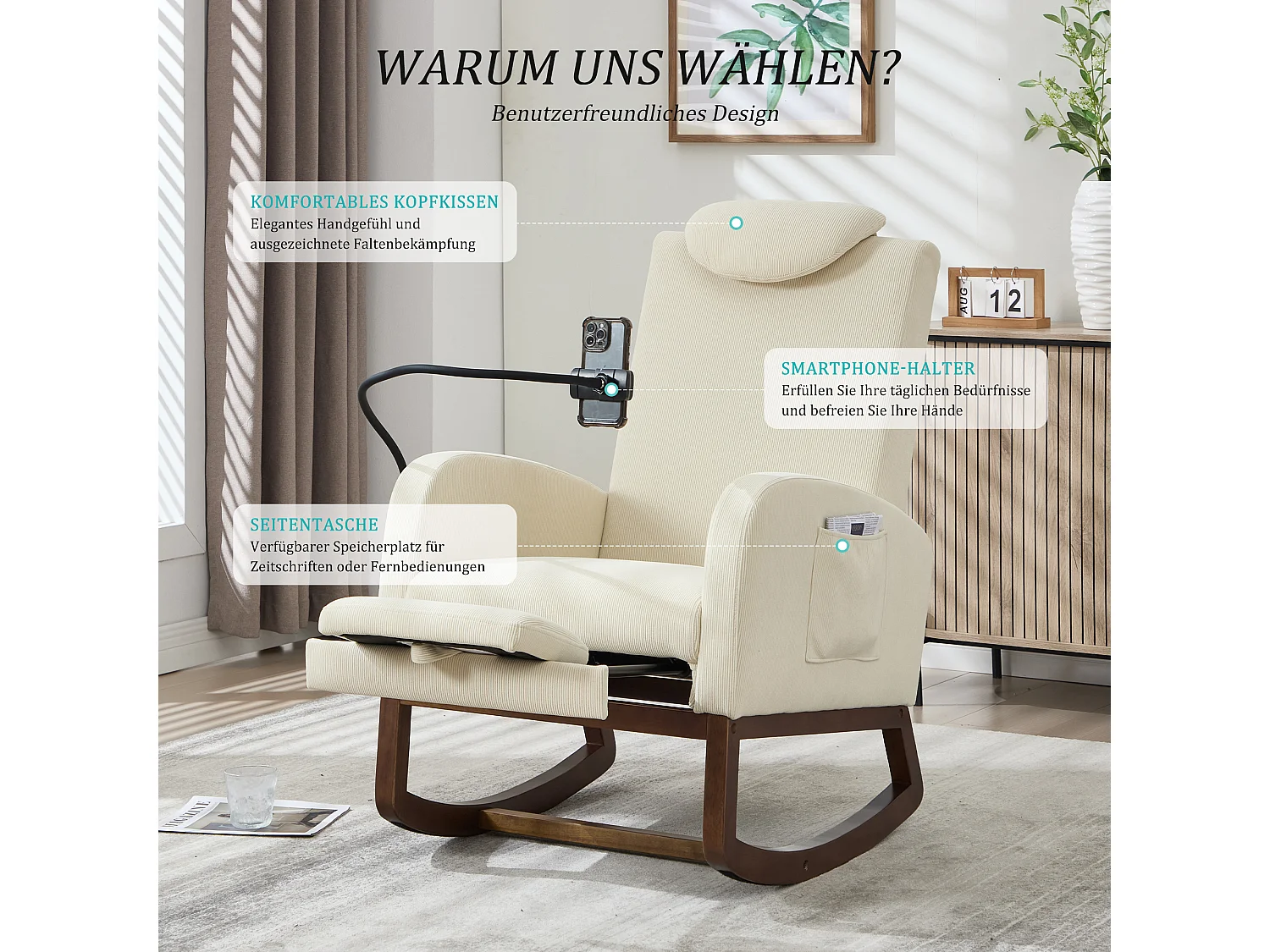 Fauteuil Relax à Bascule avec Repose-Pieds et Rangement Latéral - Confort Ergonomique en Velours Côtelé - Idéal pour Salon, Bureau et Coin Lecture