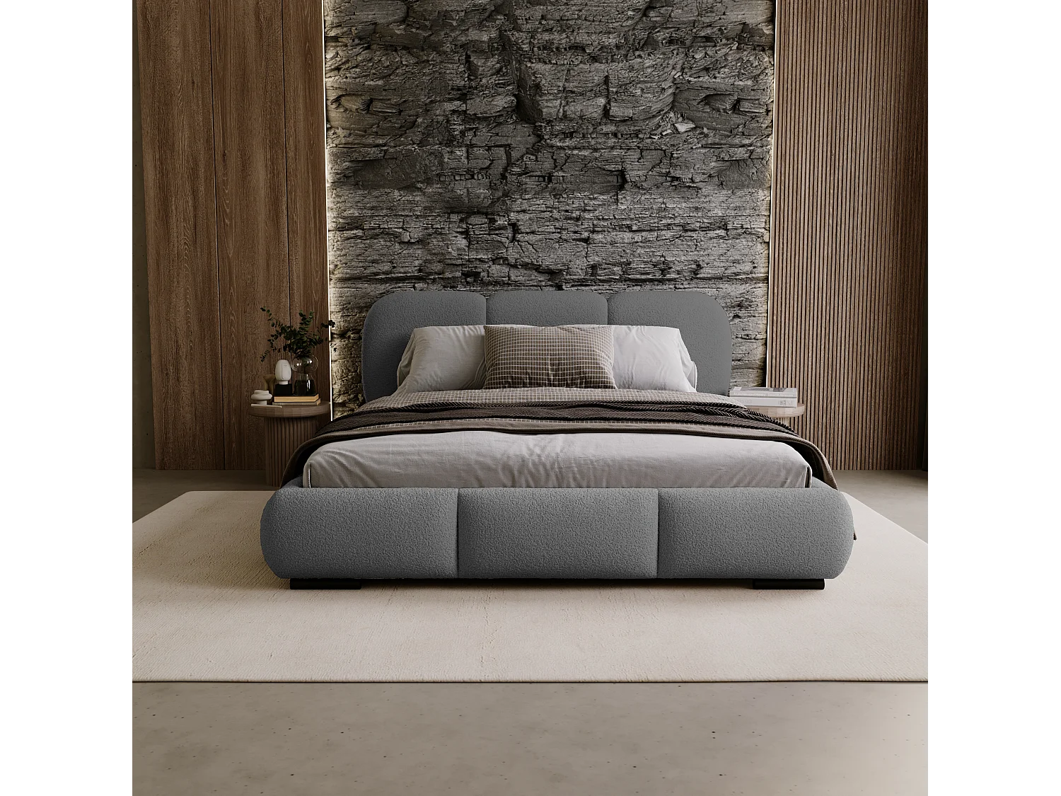 BESILIO Lit avec coffre de rangement et sommier 160x200 Holi – lit double tapissé en tissu bouclé/agneau – Gris