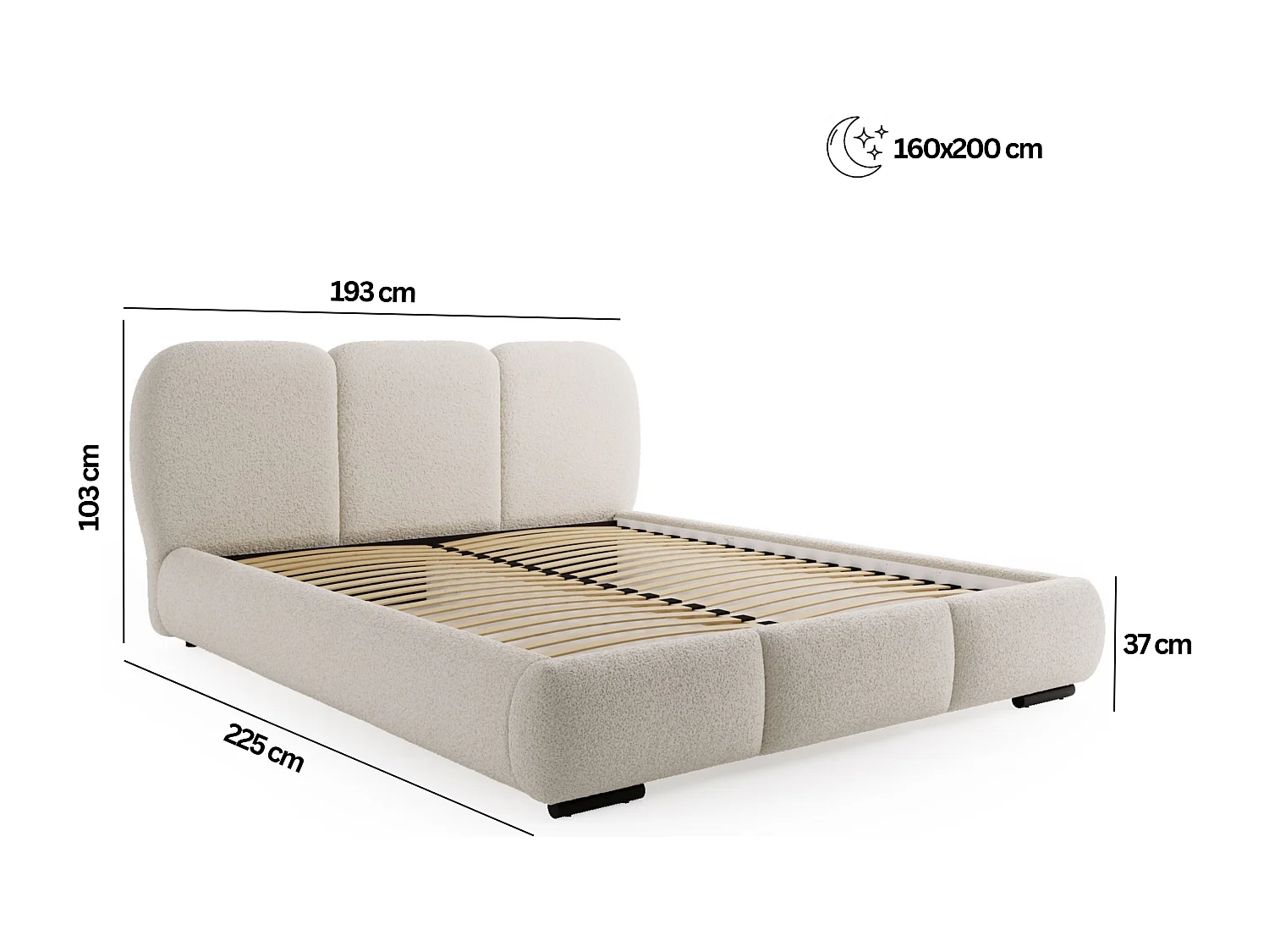 BESILIO Lit avec coffre de rangement et sommier 160x200 Holi – lit double tapissé en tissu bouclé/agneau – Gris