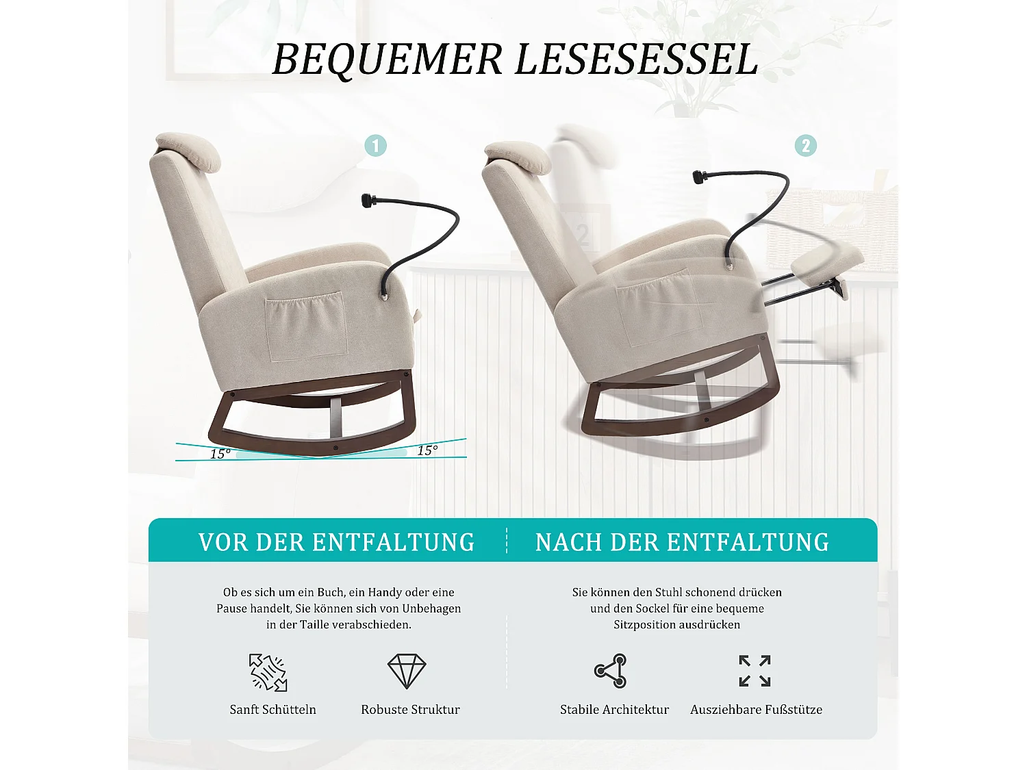 Fauteuil Relax à Bascule avec Repose-Pieds et Rangement Latéral - Confort Ergonomique en Lin - Idéal pour Salon, Bureau et Coin Lecture