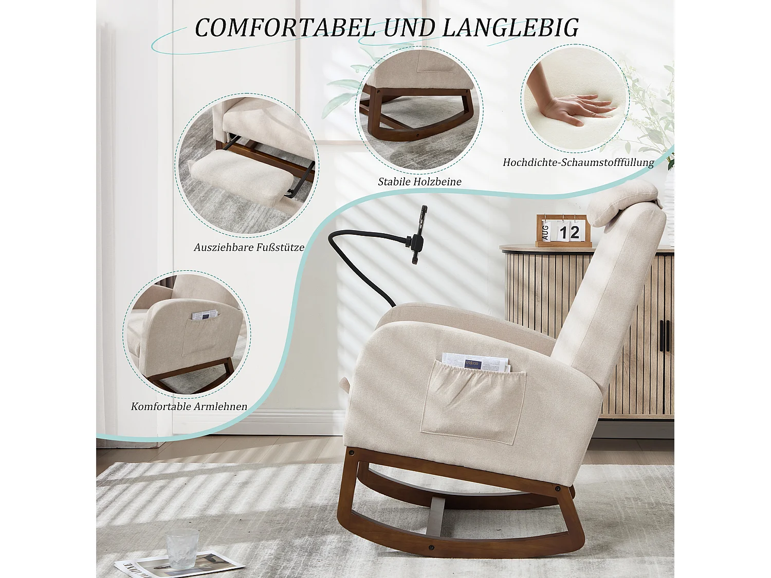 Fauteuil Relax à Bascule avec Repose-Pieds et Rangement Latéral - Confort Ergonomique en Lin - Idéal pour Salon, Bureau et Coin Lecture