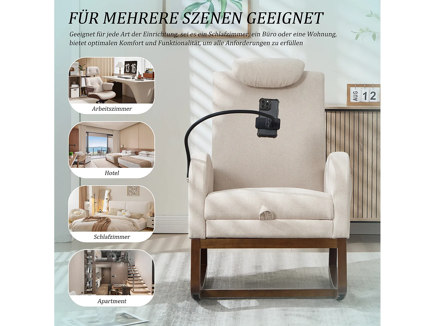 Fauteuil Relax à Bascule avec Repose-Pieds et Rangement Latéral - Confort Ergonomique en Lin - Idéal pour Salon, Bureau et Coin Lecture