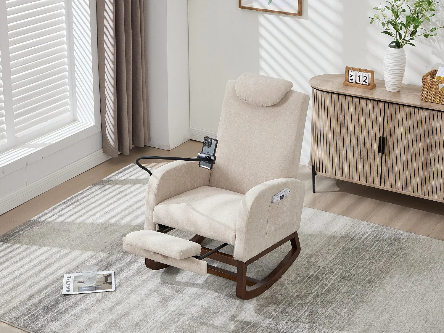 Fauteuil Relax à Bascule avec Repose-Pieds et Rangement Latéral - Confort Ergonomique en Lin - Idéal pour Salon, Bureau et Coin Lecture