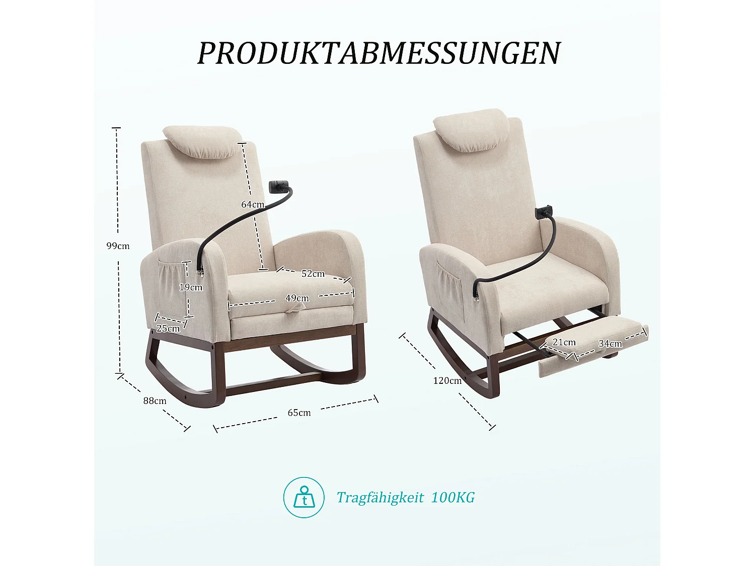 Fauteuil Relax à Bascule avec Repose-Pieds et Rangement Latéral - Confort Ergonomique en Lin - Idéal pour Salon, Bureau et Coin Lecture