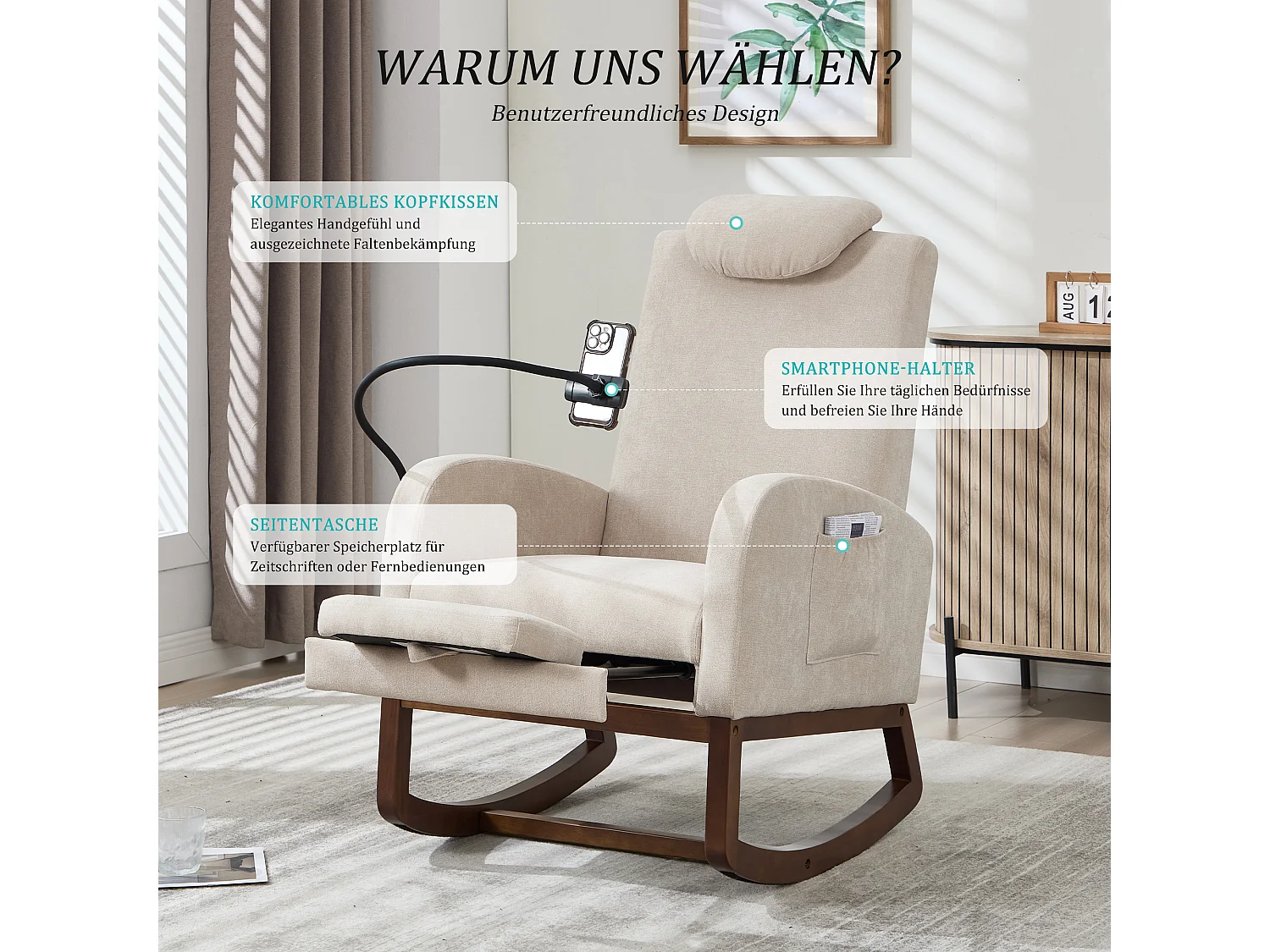 Fauteuil Relax à Bascule avec Repose-Pieds et Rangement Latéral - Confort Ergonomique en Lin - Idéal pour Salon, Bureau et Coin Lecture