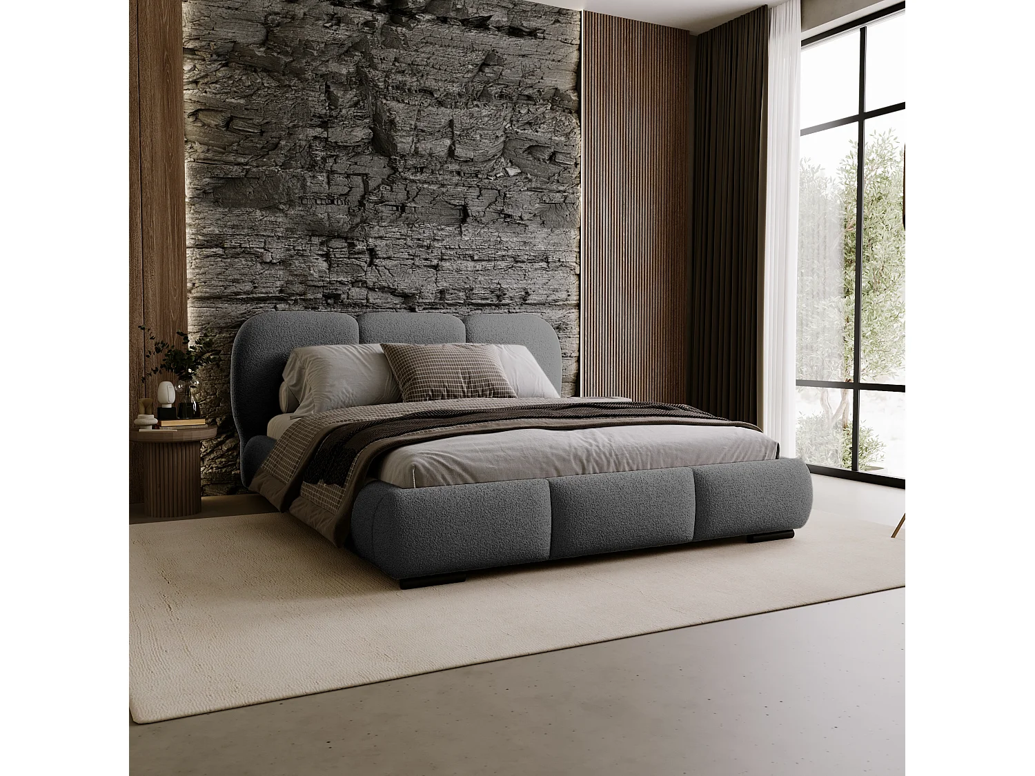BESILIO Lit avec coffre de rangement et sommier 180x200 Holi – lit double tapissé en tissu bouclé/agneau – Gris