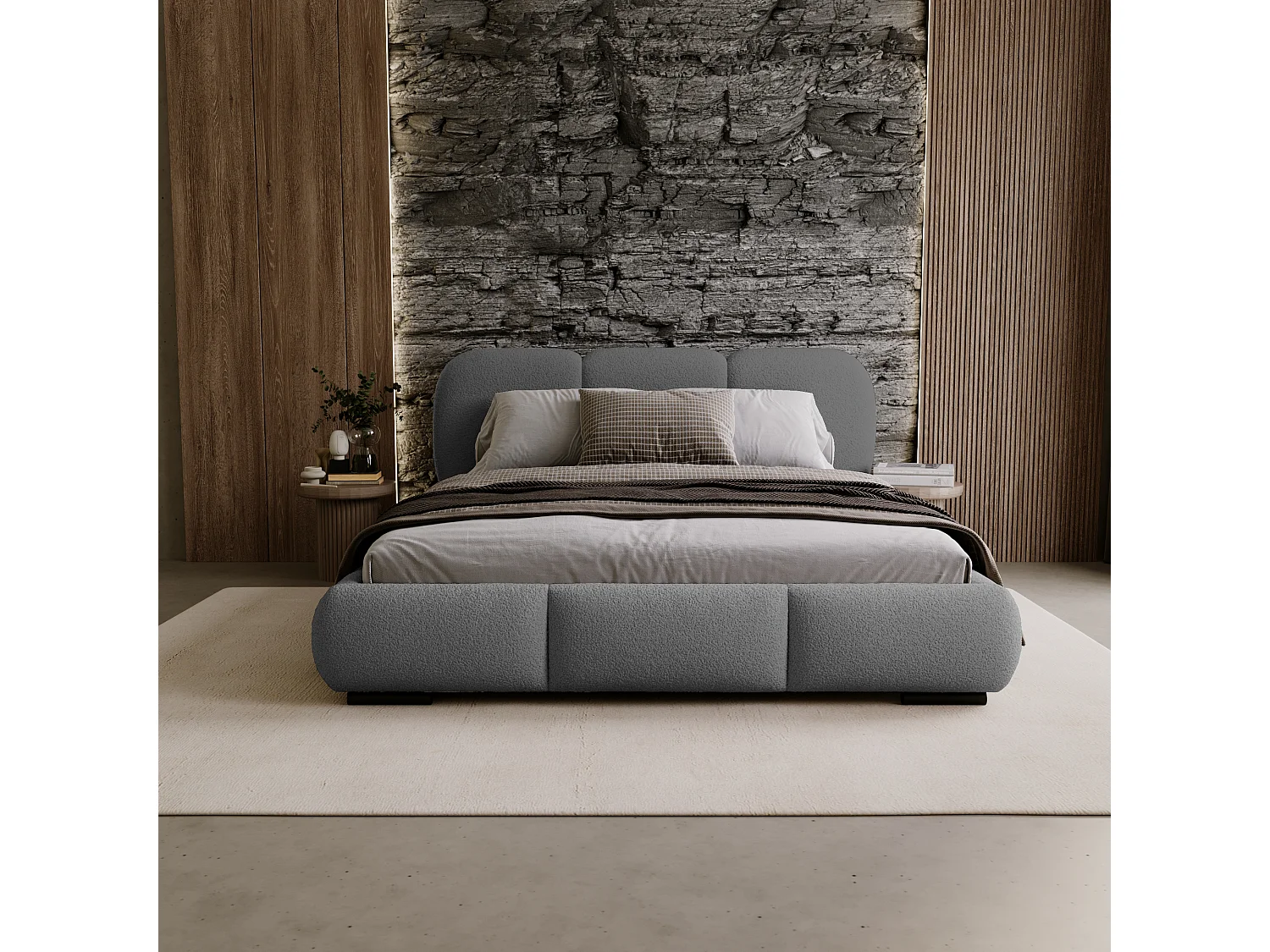 BESILIO Lit avec coffre de rangement et sommier 180x200 Holi – lit double tapissé en tissu bouclé/agneau – Gris