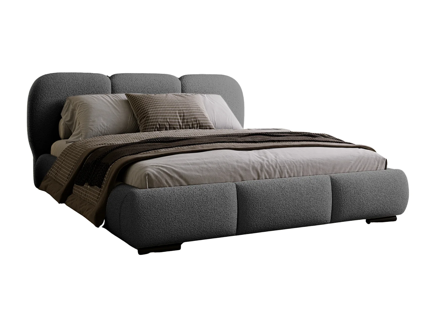 BESILIO Lit avec coffre de rangement et sommier 140x200 Holi – lit double tapissé en tissu bouclé/agneau – Gris