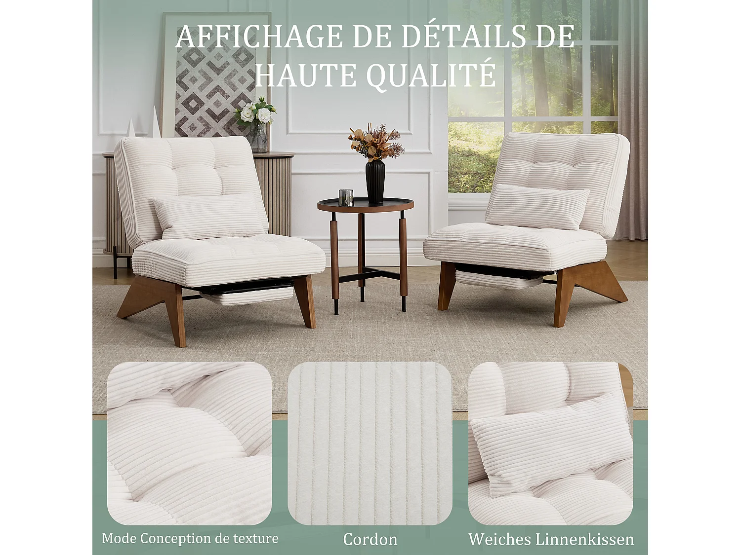 Sienna - Fauteuil Relax avec Dossier Réglable - Fauteuil Tissu avec Pieds en Bois Massif et Repose-Pieds Extensible - Confort Optimal pour Salon, Chambre et Bureau