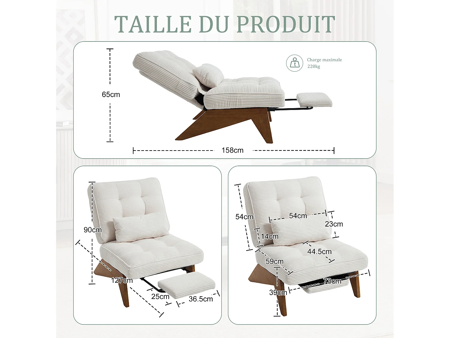 Sienna - Fauteuil Relax avec Dossier Réglable - Fauteuil Tissu avec Pieds en Bois Massif et Repose-Pieds Extensible - Confort Optimal pour Salon, Chambre et Bureau