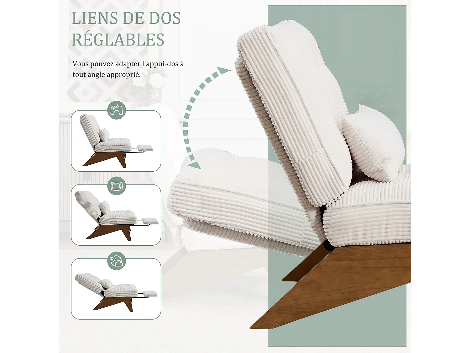 Sienna - Fauteuil Relax avec Dossier Réglable - Fauteuil Tissu avec Pieds en Bois Massif et Repose-Pieds Extensible - Confort Optimal pour Salon, Chambre et Bureau