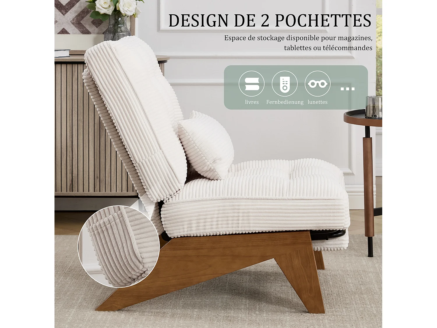Sienna - Fauteuil Relax avec Dossier Réglable - Fauteuil Tissu avec Pieds en Bois Massif et Repose-Pieds Extensible - Confort Optimal pour Salon, Chambre et Bureau