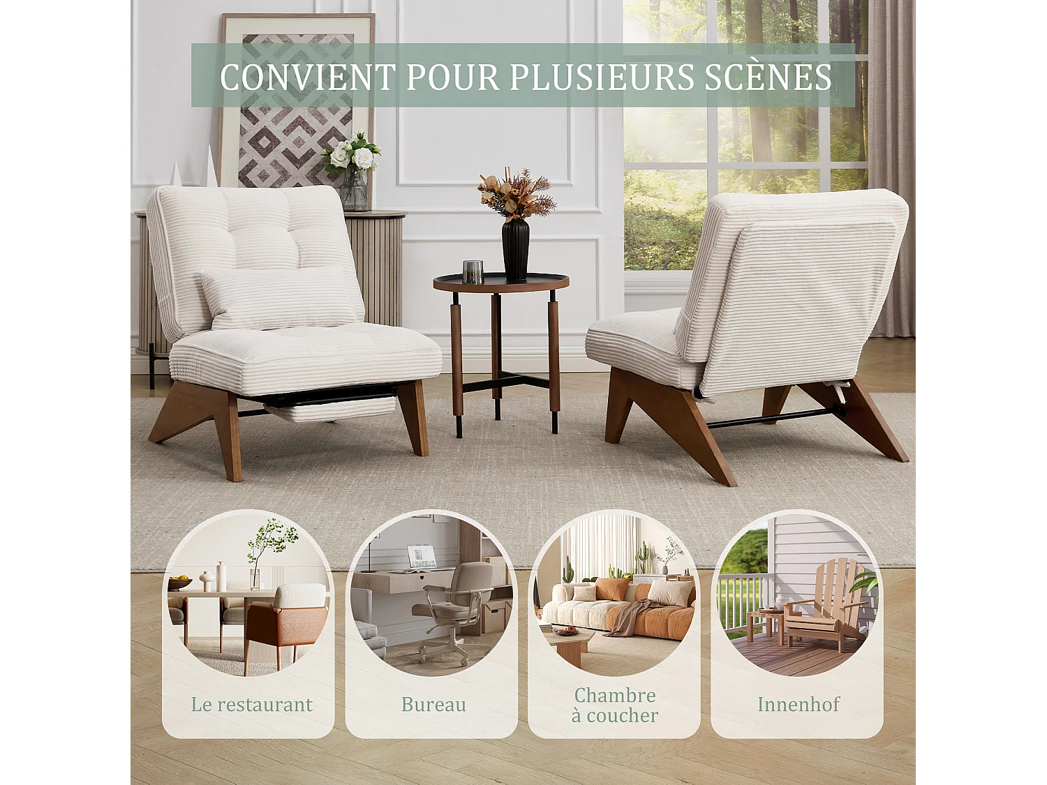 Sienna - Fauteuil Relax avec Dossier Réglable - Fauteuil Tissu avec Pieds en Bois Massif et Repose-Pieds Extensible - Confort Optimal pour Salon, Chambre et Bureau