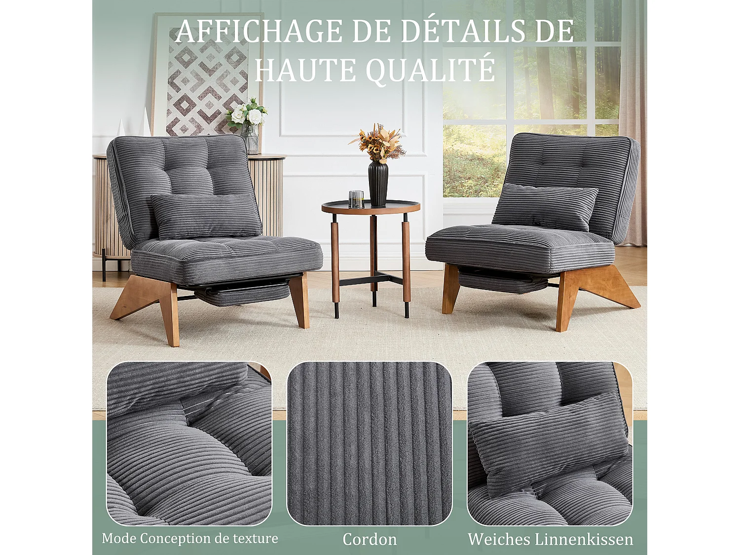 Sienna - Fauteuil Relax avec Dossier Réglable - Fauteuil Tissu avec Pieds en Bois Massif et Repose-Pieds Extensible - Confort Optimal pour Salon, Chambre et Bureau