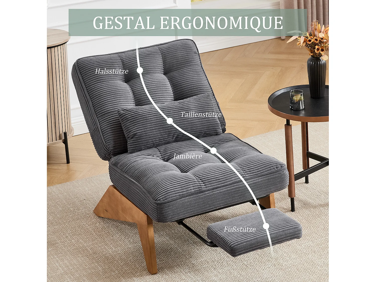 Sienna - Fauteuil Relax avec Dossier Réglable - Fauteuil Tissu avec Pieds en Bois Massif et Repose-Pieds Extensible - Confort Optimal pour Salon, Chambre et Bureau