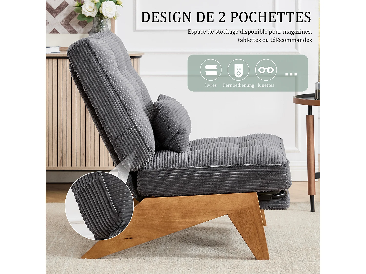 Sienna - Fauteuil Relax avec Dossier Réglable - Fauteuil Tissu avec Pieds en Bois Massif et Repose-Pieds Extensible - Confort Optimal pour Salon, Chambre et Bureau