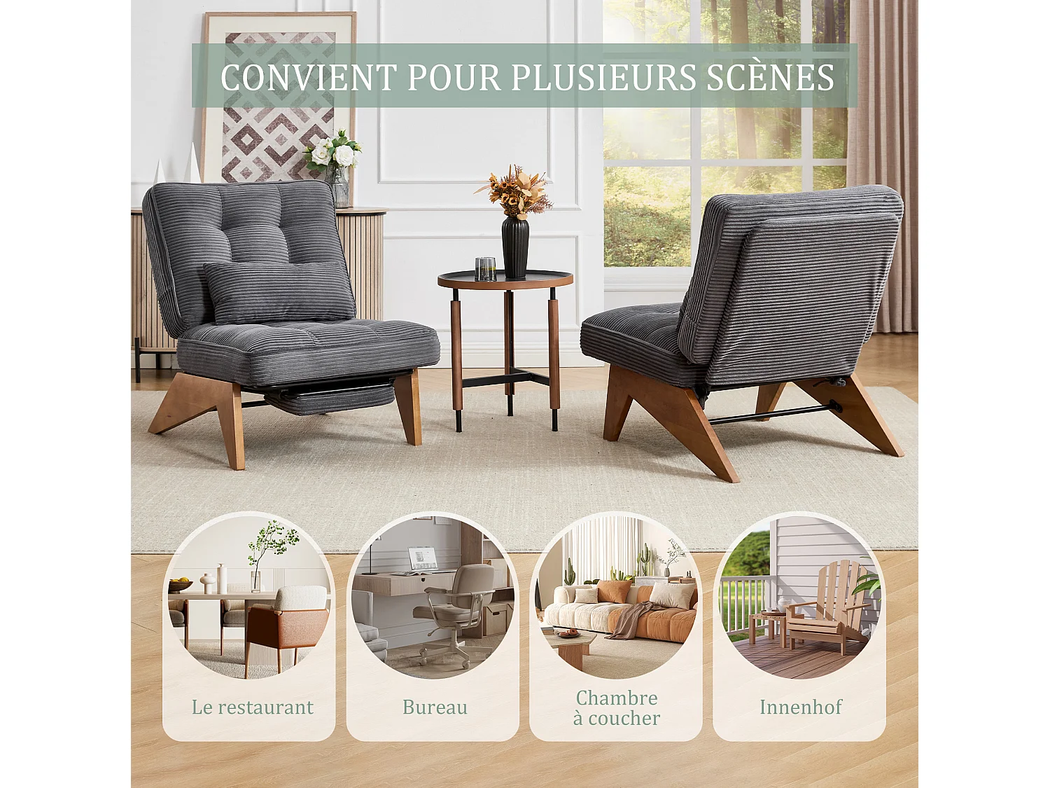 Sienna - Fauteuil Relax avec Dossier Réglable - Fauteuil Tissu avec Pieds en Bois Massif et Repose-Pieds Extensible - Confort Optimal pour Salon, Chambre et Bureau