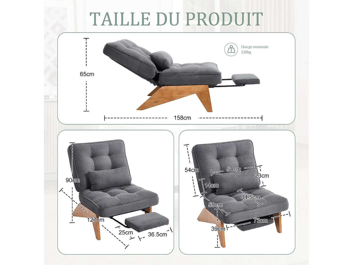 Sienna - Fauteuil Relax avec Dossier Réglable - Fauteuil Tissu avec Pieds en Bois Massif et Repose-Pieds Extensible - Confort Optimal pour Salon, Chambre et Bureau