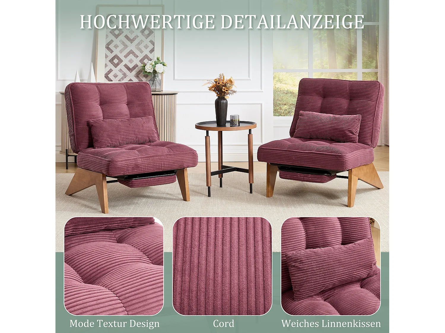 Sienna - Fauteuil Relax avec Dossier Réglable - Fauteuil Tissu avec Pieds en Bois Massif et Repose-Pieds Extensible - Confort Optimal pour Salon, Chambre et Bureau