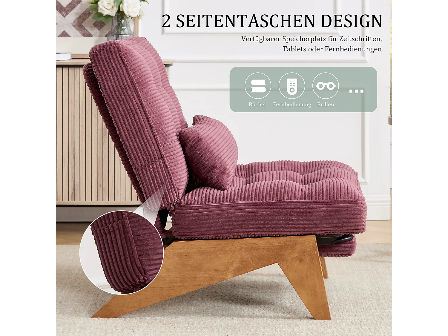 Sienna - Fauteuil Relax avec Dossier Réglable - Fauteuil Tissu avec Pieds en Bois Massif et Repose-Pieds Extensible - Confort Optimal pour Salon, Chambre et Bureau