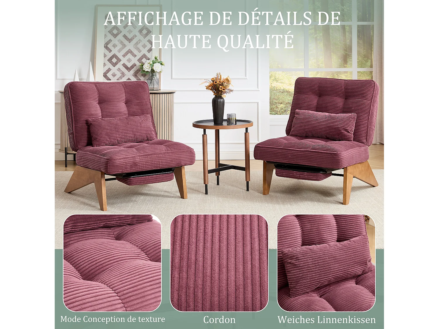 Sienna - Fauteuil Relax avec Dossier Réglable - Fauteuil Tissu avec Pieds en Bois Massif et Repose-Pieds Extensible - Confort Optimal pour Salon, Chambre et Bureau