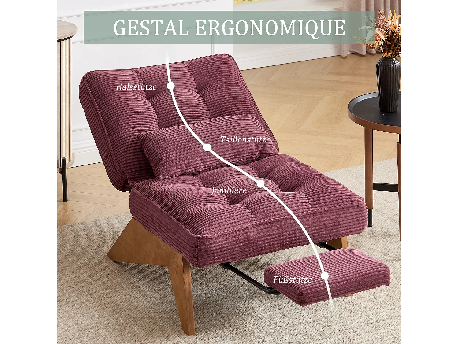 Sienna - Fauteuil Relax avec Dossier Réglable - Fauteuil Tissu avec Pieds en Bois Massif et Repose-Pieds Extensible - Confort Optimal pour Salon, Chambre et Bureau