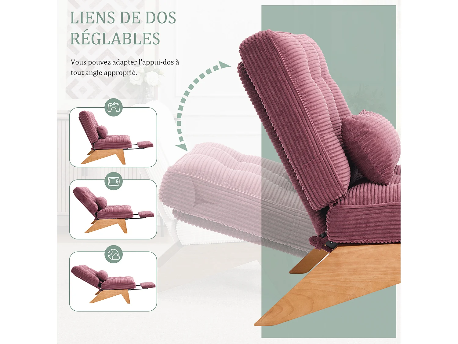 Sienna - Fauteuil Relax avec Dossier Réglable - Fauteuil Tissu avec Pieds en Bois Massif et Repose-Pieds Extensible - Confort Optimal pour Salon, Chambre et Bureau